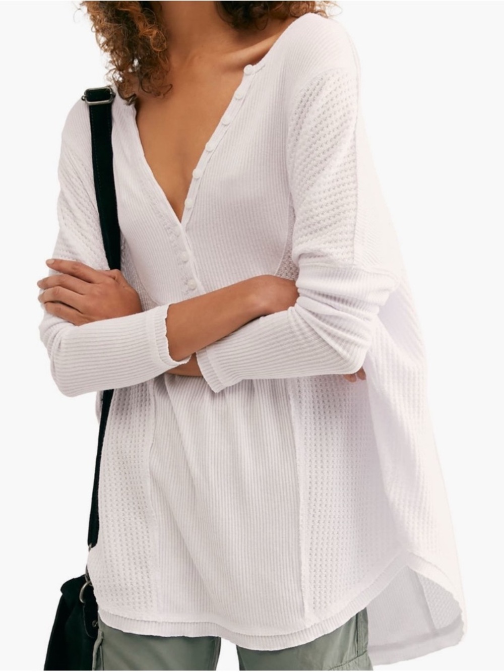 Free People White Button-Front V-neck Henley Tunic Size XL